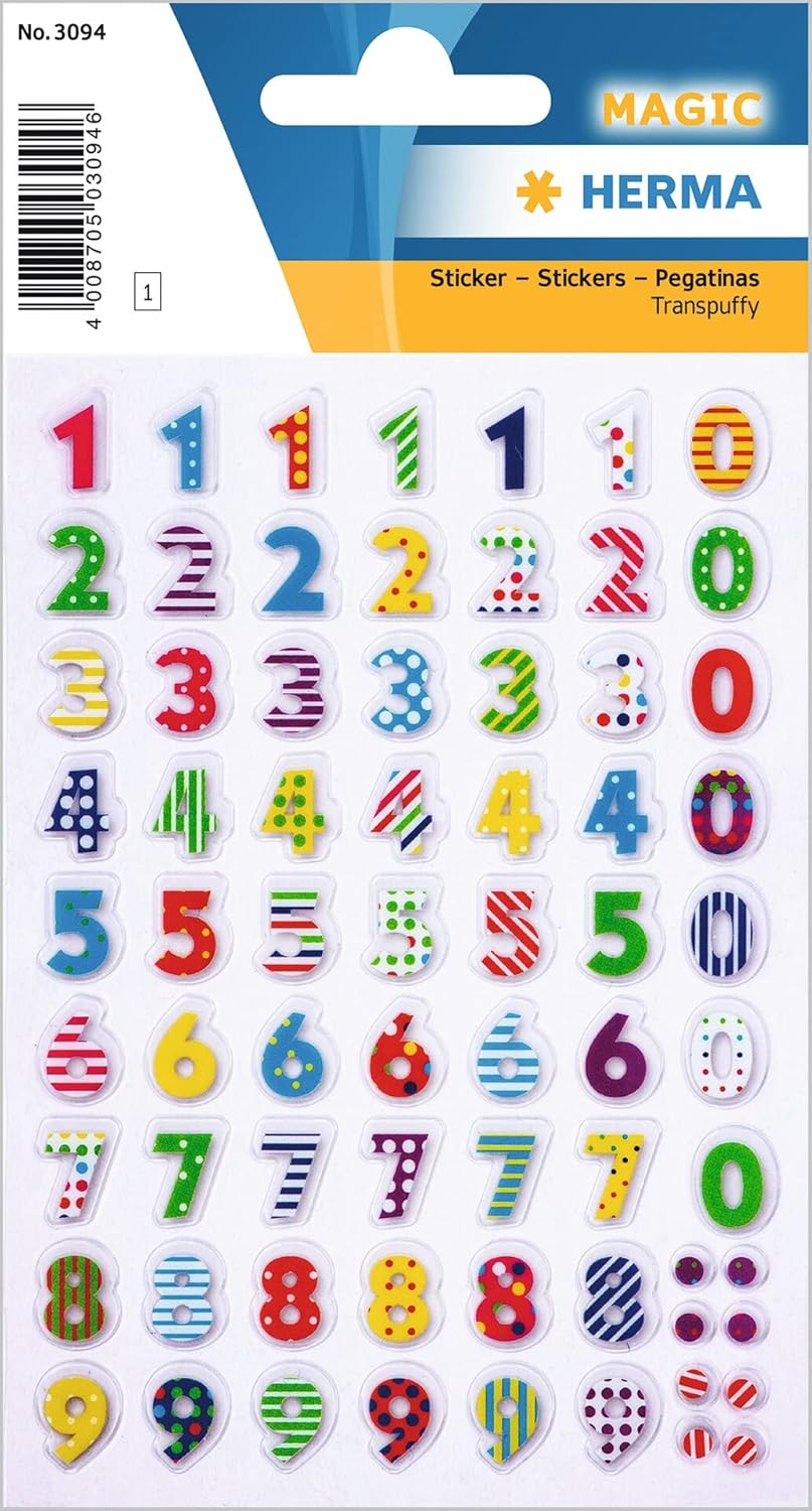 HERMA Magic Sticker - Bunte Zahlen Etiketten, 3D, 0-9, 63 Aufkleber - 3094