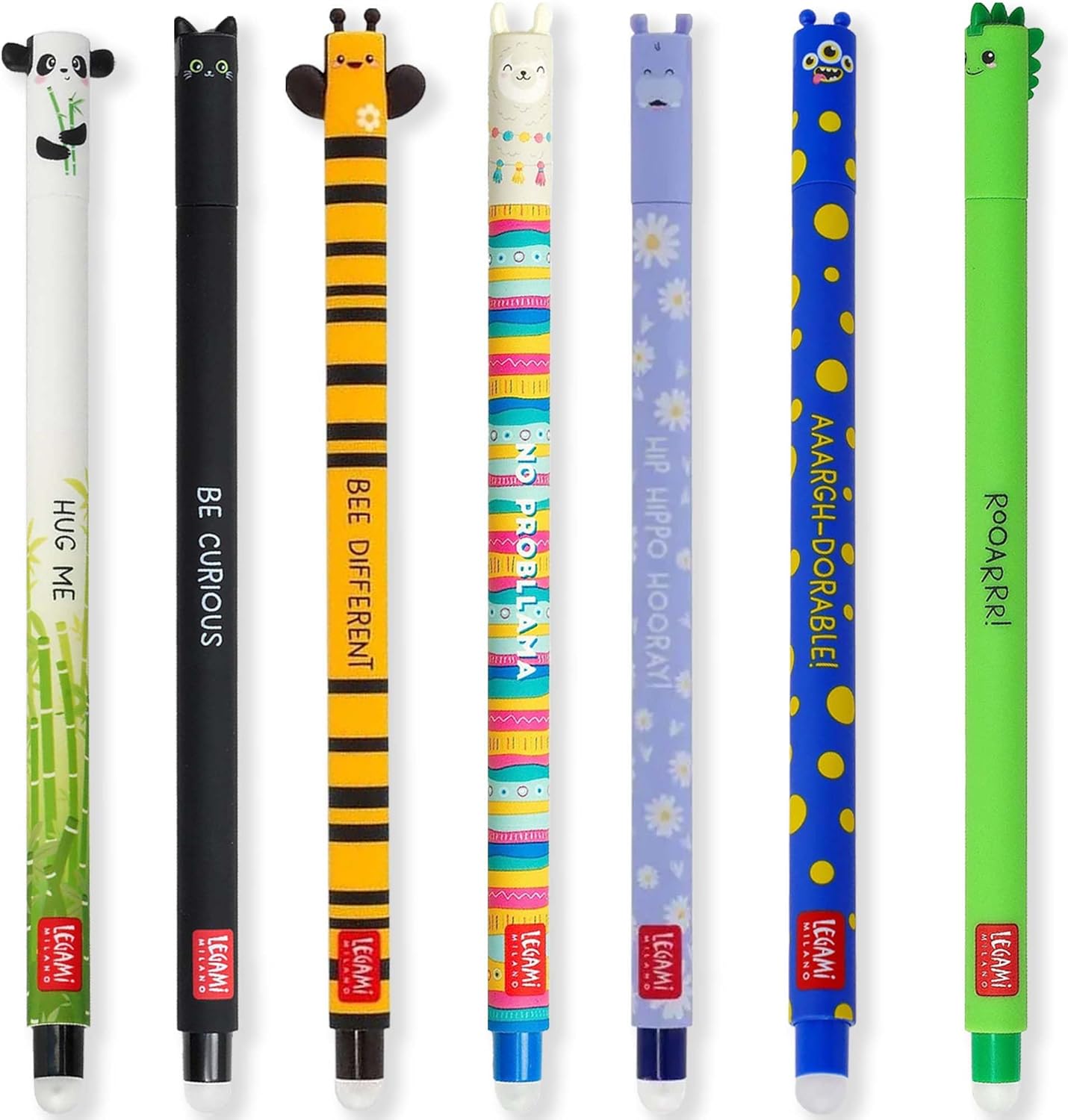 Legami 7er-Set löschbare Gelstifte - Katze, Biene, Panda, Lama, Hippo, Monster, Dino