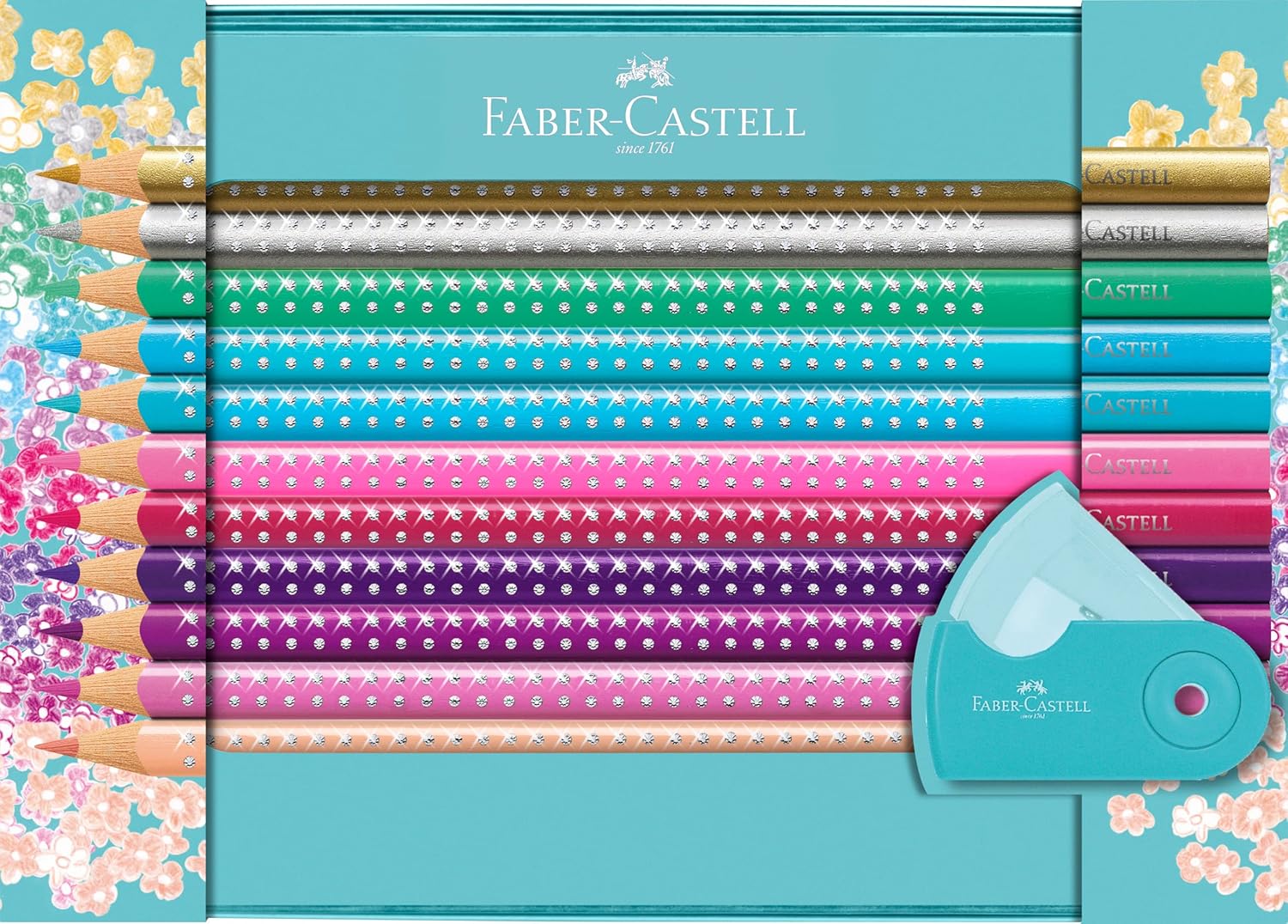 FABER-CASTELL Geschenkset Sparkle, 20 Buntstifte + Sleeve Anspitzerdose Mini