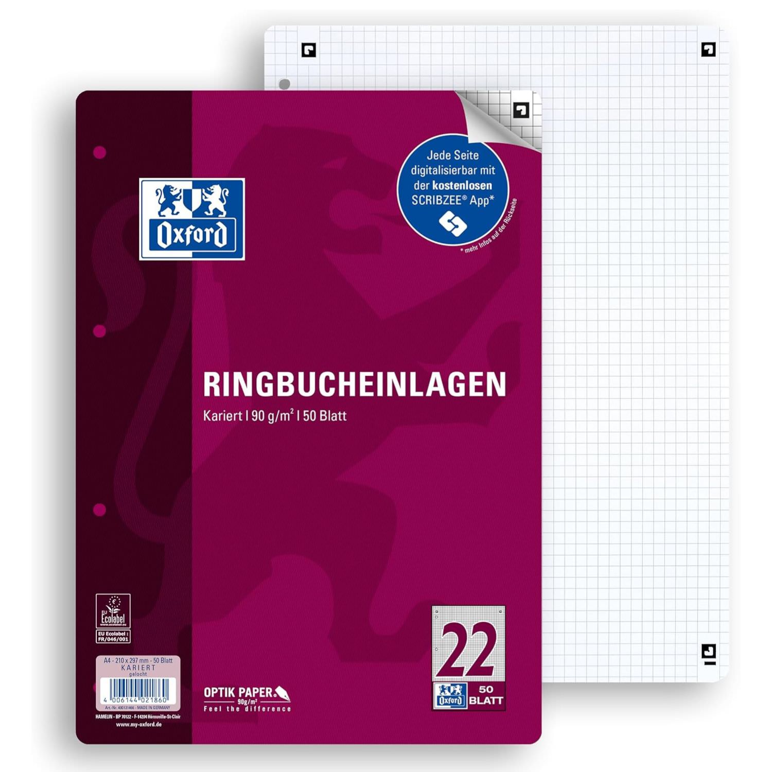 Oxford Ringbucheinlagen Optik Paper - A4 - 50 Blatt - Lin. 22 - kariert ohne Rand