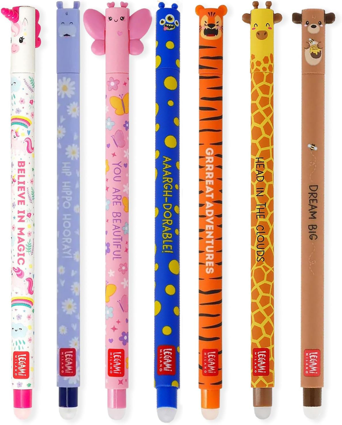 Legami 7er-Set löschbare Gelstifte mit Monster, Schmetterling & Tiger