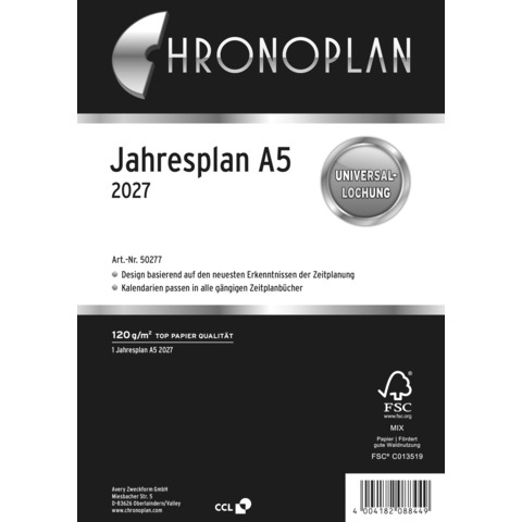 Chronoplan Jahresplan A5 2027 – Kalendereinlage mit Leporello-Falzung, FSC-zertifiziert