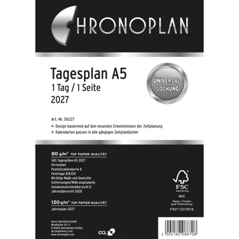 Chronoplan 50227 Ersatzkalendarium Tagesplan A5 1T/1S 2027 – Kalendereinlage, FSC-zertifiziert