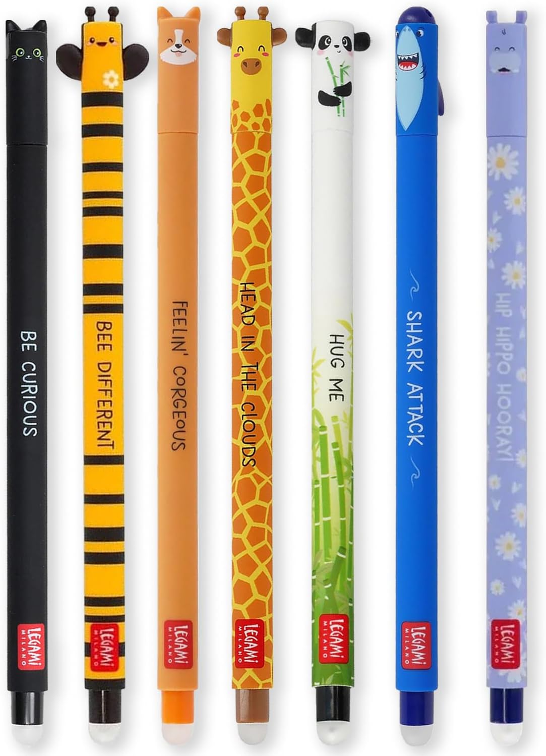 Legami 7er-Set löschbare Gelstifte - Katze, Biene, Corgi, Giraffe, Panda, Hai, Nilpferd Legami 7er-Set löschbare Gelstifte - Katze, Biene, Corgi, Giraffe, Panda, Hai, Nilpferd