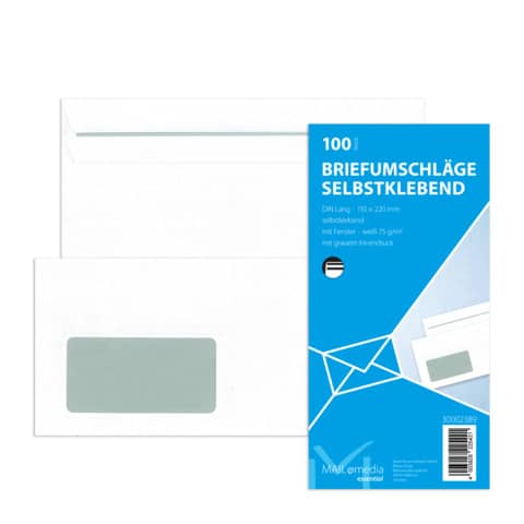 MAILMEDIA Briefumschlag mit Fenster, DIN lang, 75g/m², selbstklebend, 100 Stück, weiß