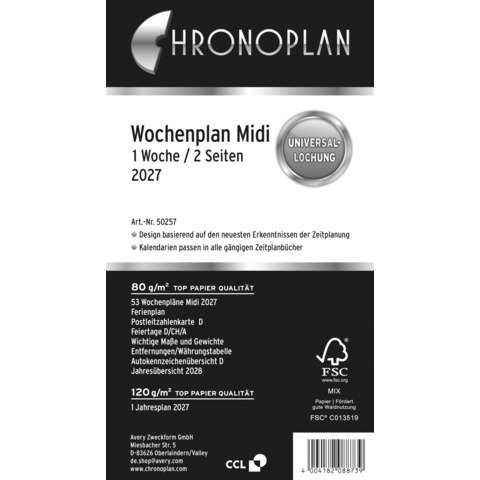 Chronoplan 50257 Ersatzkalendarium Wochenplan Midi 1W/2S 2027 – Kalendereinlage in Spalten, FSC-zertifiziert