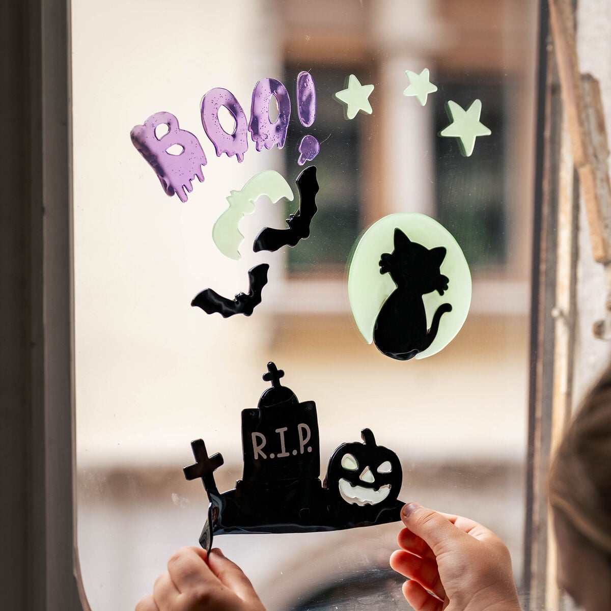 Legami Set mit 13 Gel-Fensteraufklebern - Windo-Glow - Katze, Mond & Fledermäuse - Halloween