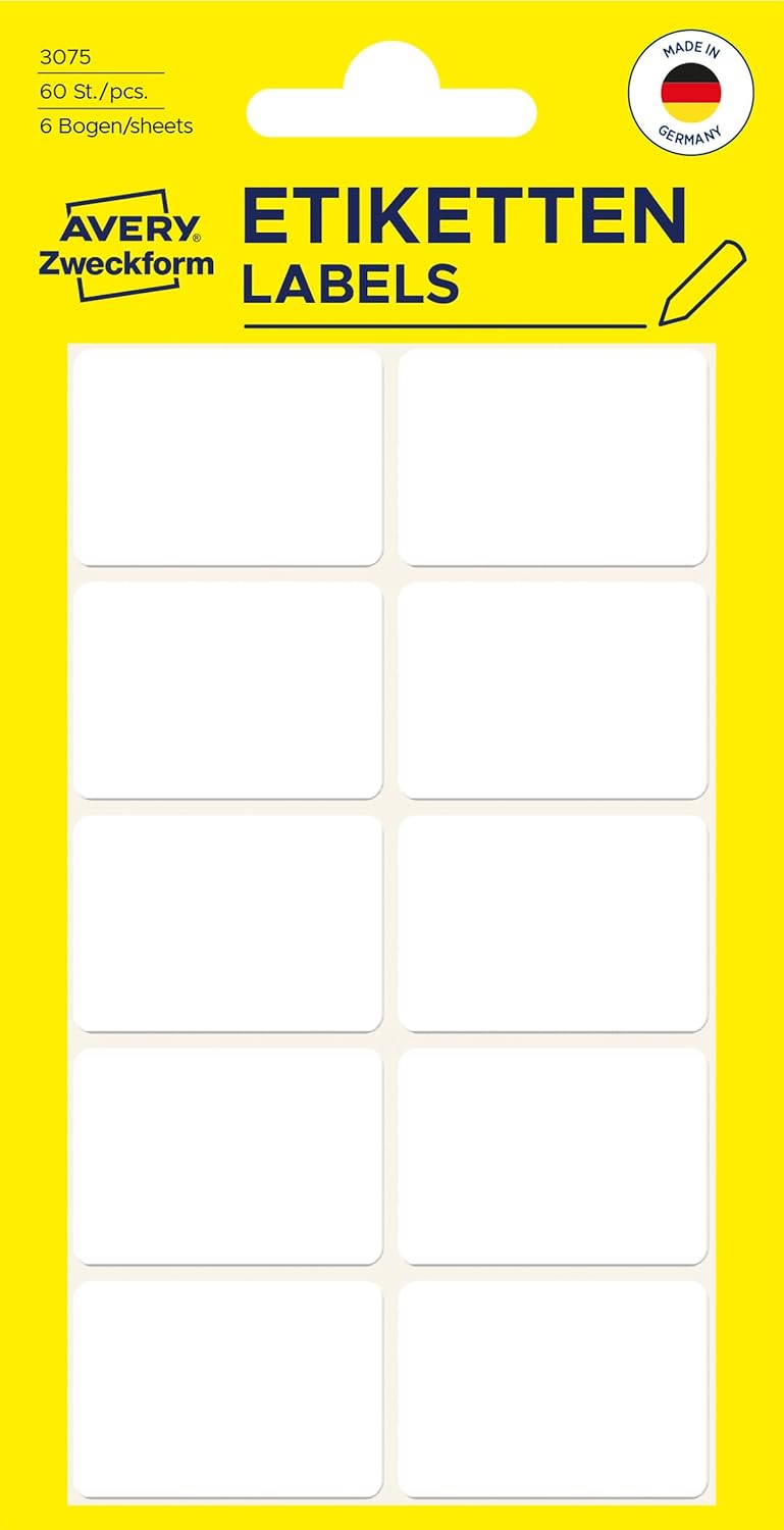 Avery Zweckform 3075 Vielzweck-Etiketten - Haushaltetiketten, für die Schule, Büro, Küche, blanko, weiß  - 60 Stück Avery Zweckform 3075 Vielzweck-Etiketten - Haushaltetiketten, für die Schule, Büro, Küche, blanko, weiß  - 60 Stück