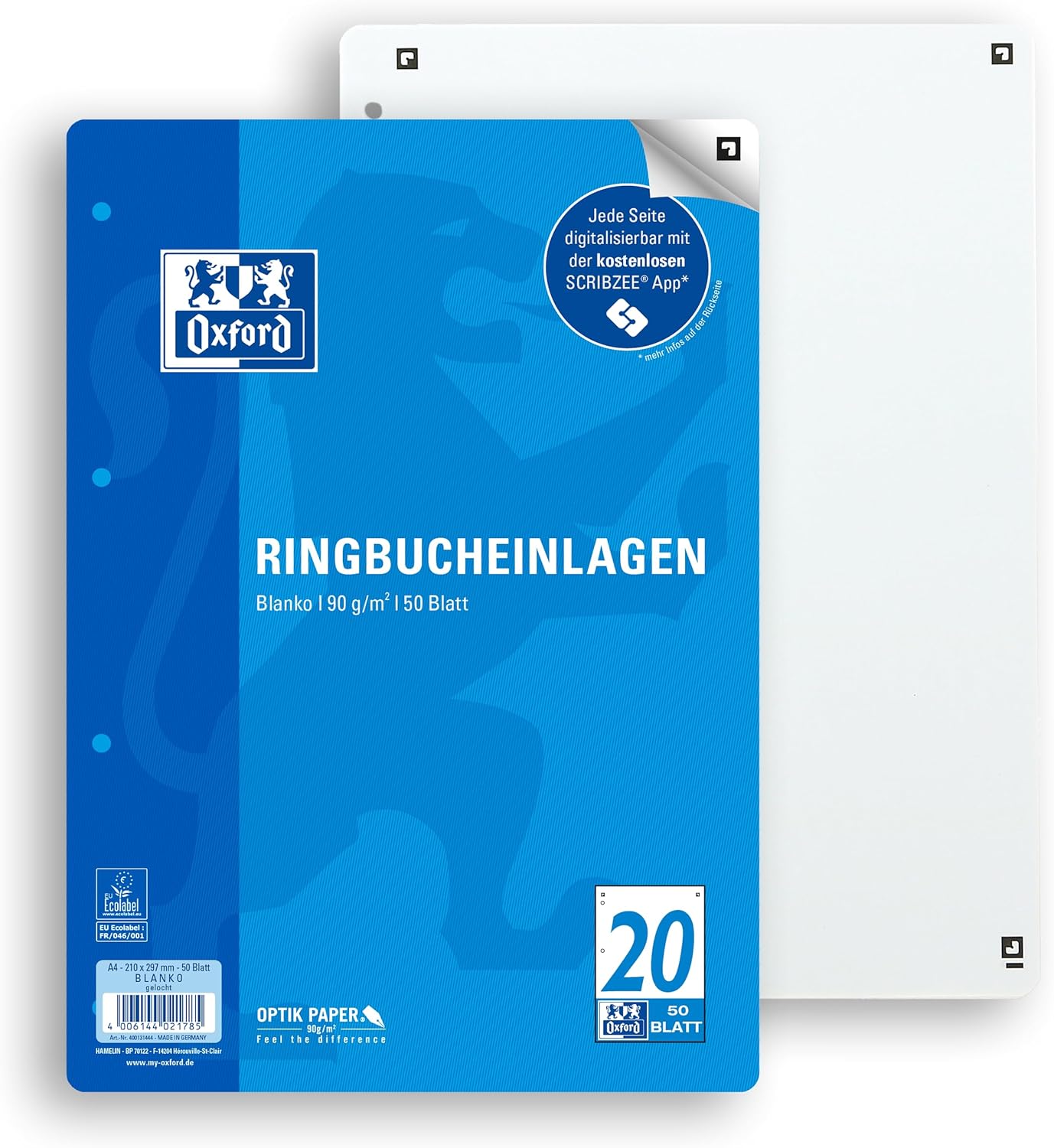 Oxford Ringbucheinlagen Optik Paper - A4 - 50 Blatt - Lin. 20 - blanko