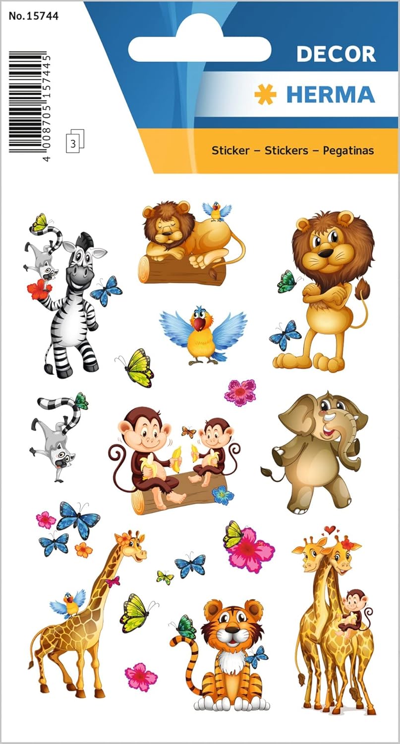HERMA Decor Etiketten Dschungel mit Löwe, Affe, Giraffe, Tiger, Zebra - 51 Aufkleber - 15744