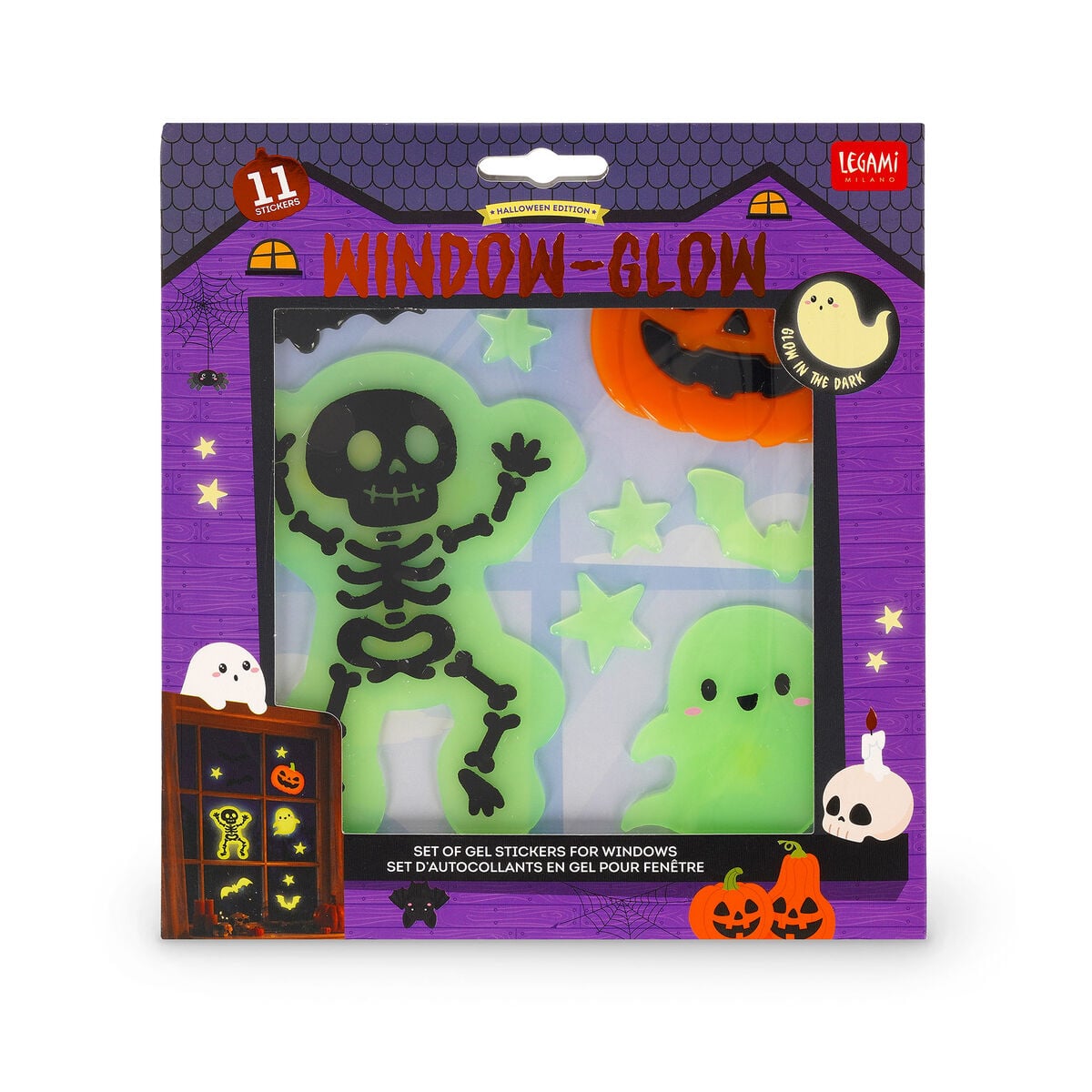 Legami Set mit 11 Gel-Fensteraufklebern - Windo-Glow - Skelett, Kürbis & Geist - Halloween