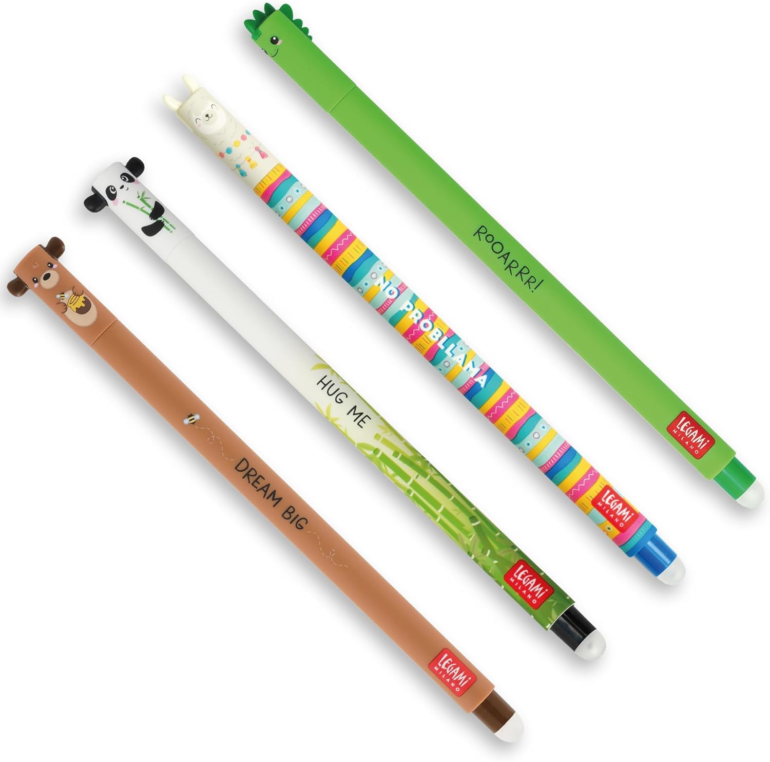 Legami 4er-Set löschbare Gelstifte - Teddy, Panda, Lama, Dino