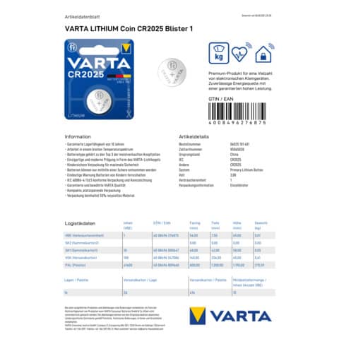 VARTA Knopfzellen-Batterie Lithium CR2025, 1 Stück