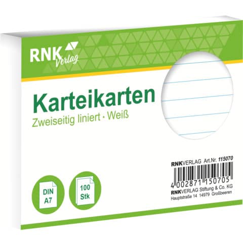 RNK Karteikarte, A7, 170g/m², liniert, 100 Stück, weiß