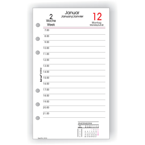 Bind System Kalender-Einlage A6 2027 – Tagesplaner 1 Tag/1 Seite, 6-Ring-Lochung, dreisprachig
