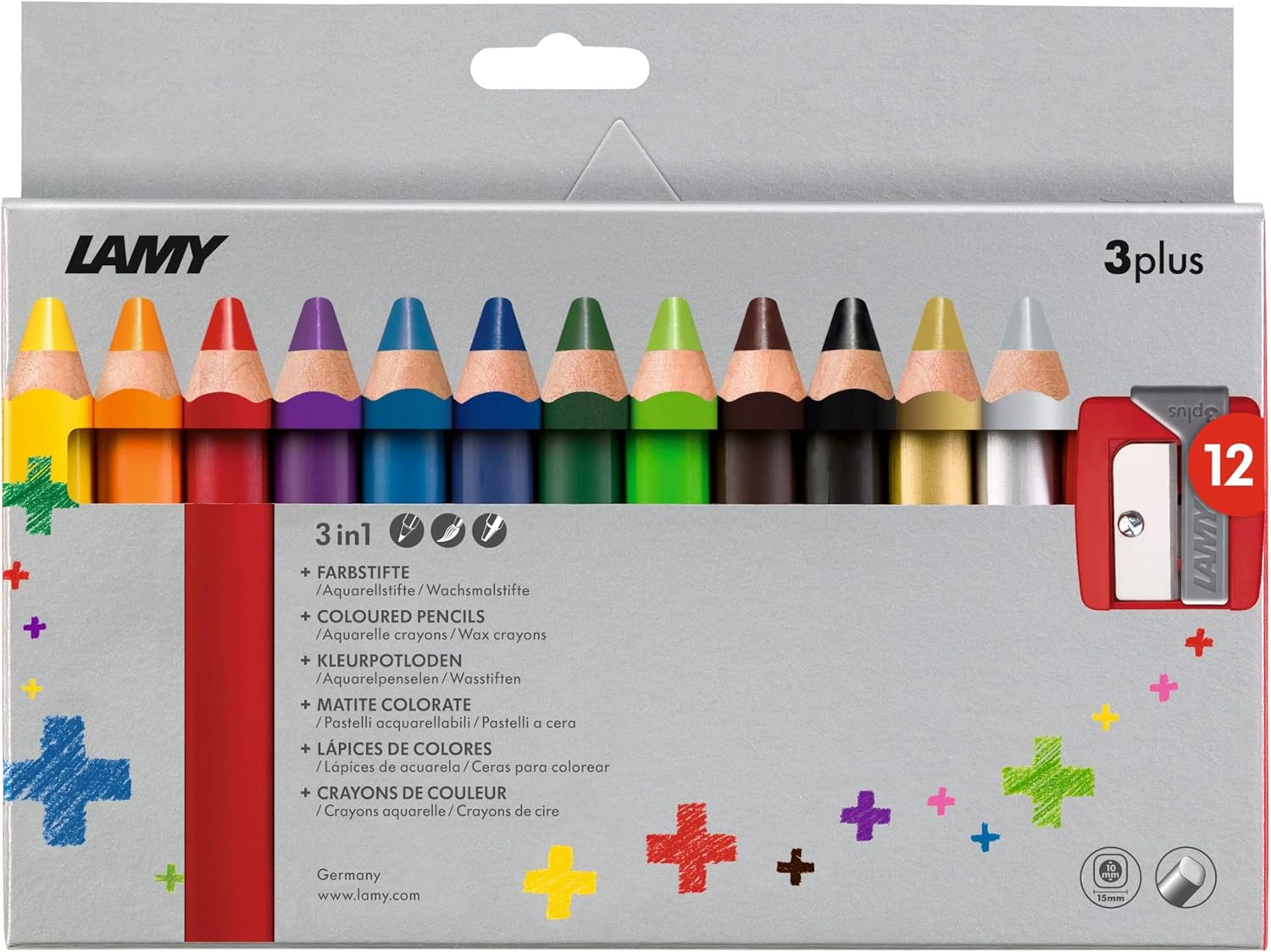 Lamy 3plus Farbstifte 12er Set, Aquarellstifte, Wachsmalstifte inkl. Anspitzer