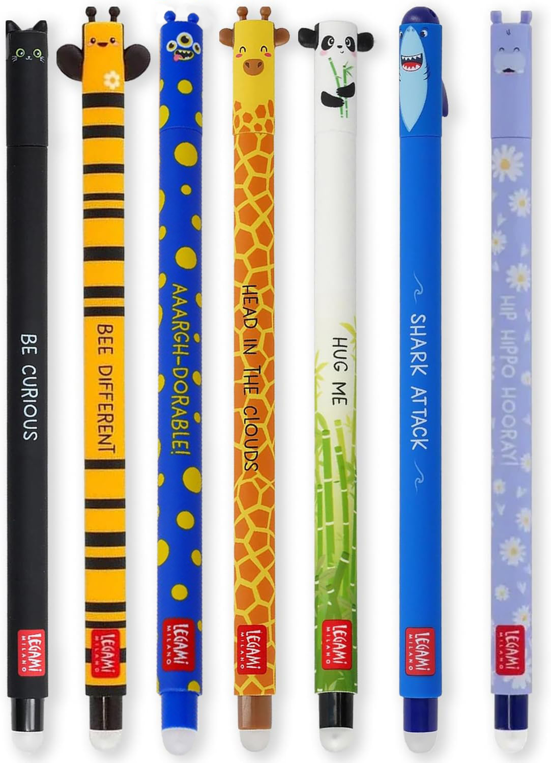 Legami 7er-Set löschbare Gelstifte - Katze, Biene, Monster, Giraffe, Panda, Hai, Nilpferd