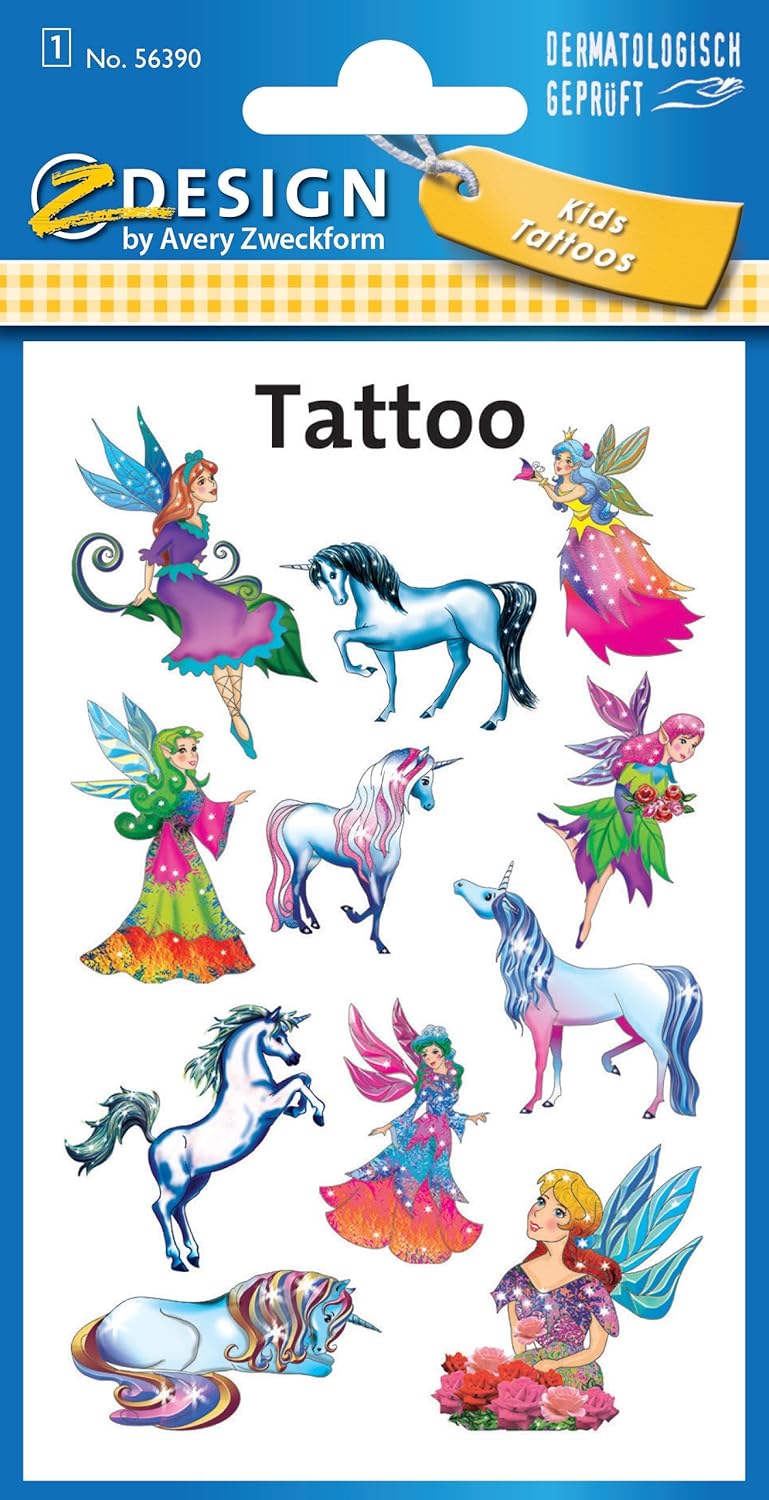 Avery Zweckform 56390 Kids Tattoos - Temporäre Elfen und Einhörner Tattoos, Tattoos zum Aufkleben - 11 Stück