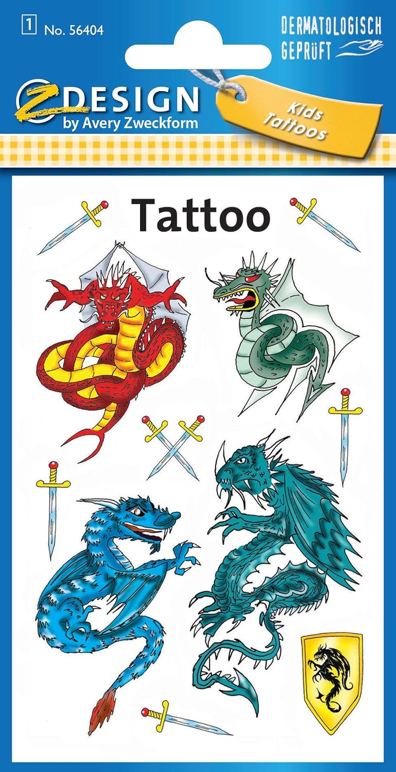 Avery Zweckform 56404 Kids Tattoos - Temporäre Drachen Tattoos zum Aufkleben - 11 Stück
